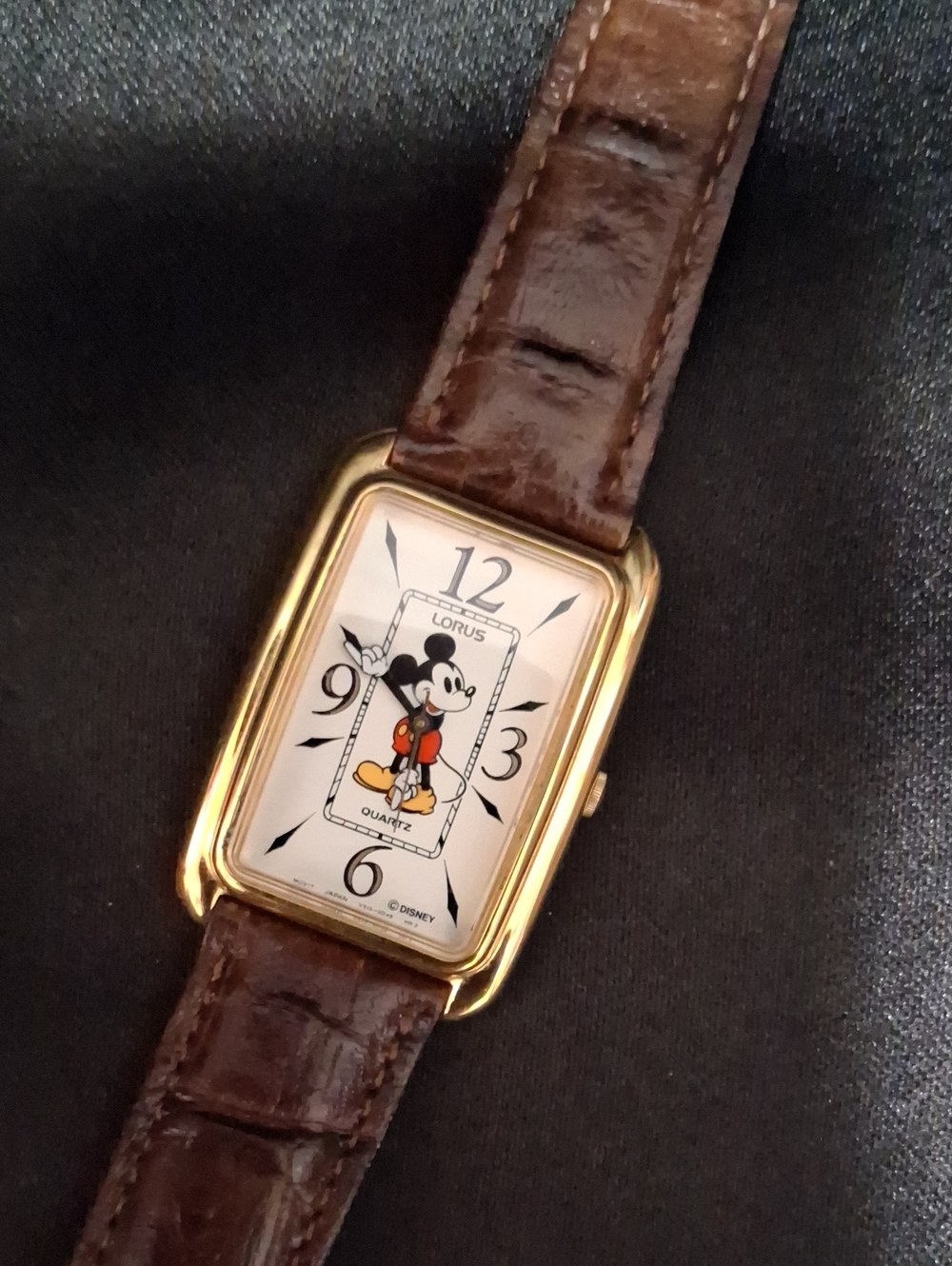 Lorus Gold-Tone Rectangular Mickey Mouse Watch - Brown Leather Strap